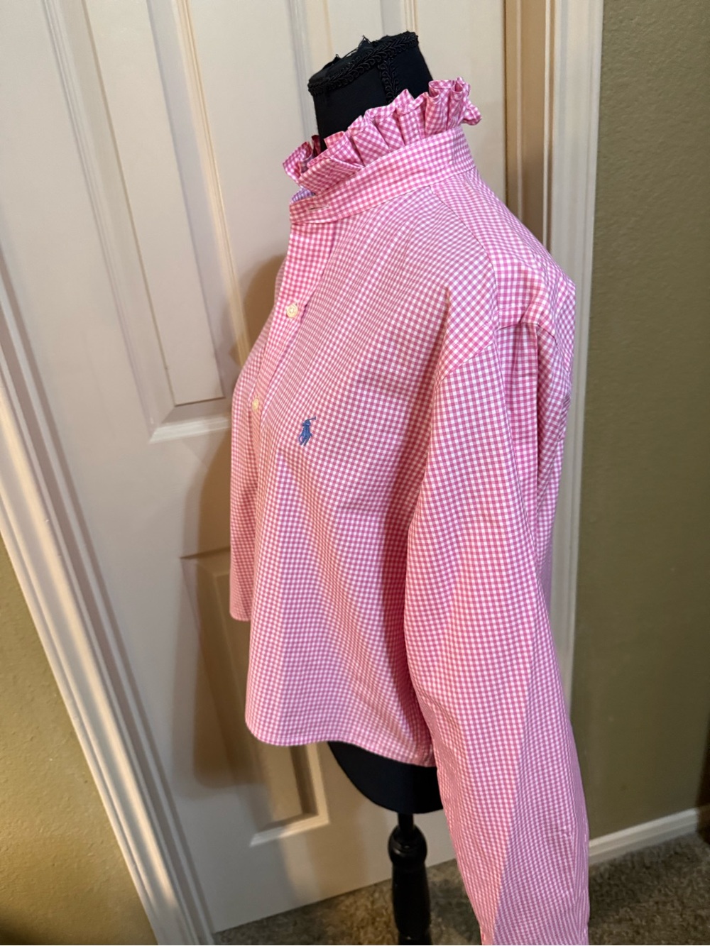 Upcycled Ralph Lauren Pink Gingham Ruffle Collar Button-Down Shirt - Picture 2 of 9